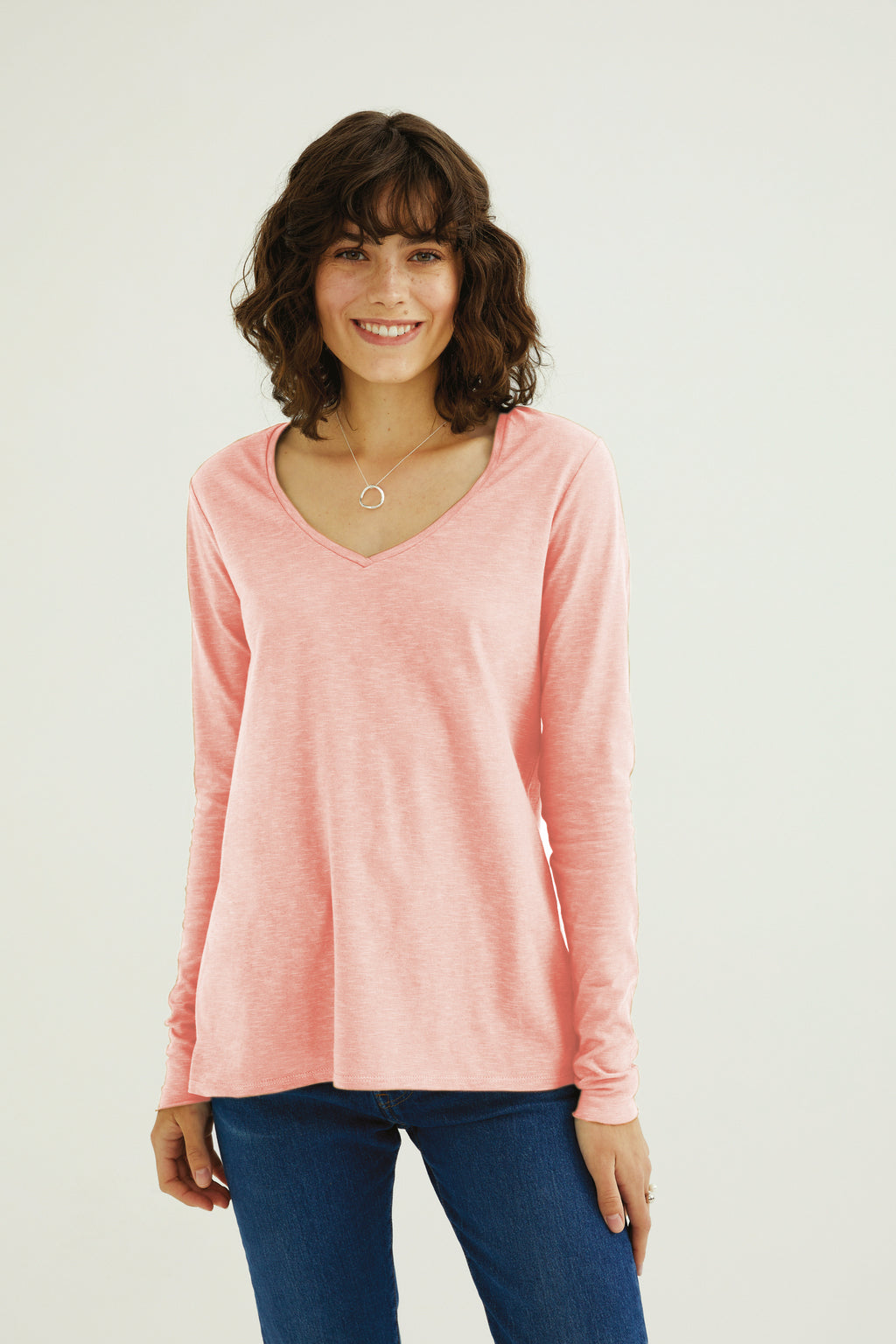 Esterella Women V-Neck T-Shirt Long Sleeve Blush Coral