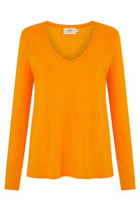 Esterella Frauen T-Shirt mit V-Ausschnitt und langen Ärmeln Flamme Orange