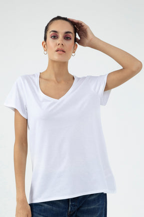 Rebecca Women T-Shirt V-Neck Short Sleeve White Single Jersey
