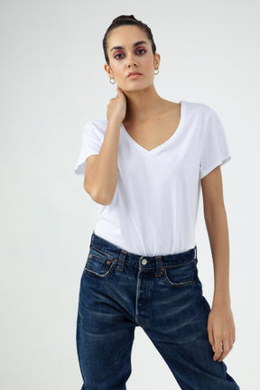 Rebecca Damen T-Shirt V-Ausschnitt Kurzarm Weiß Single Jersey