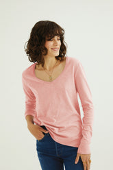 Esterella Women V-Neck T-Shirt Long Sleeve Blush Coral