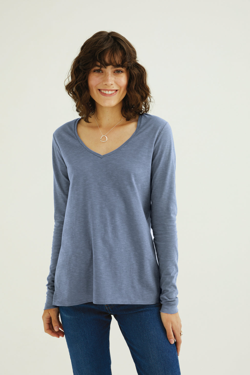 Esterella Women T-Shirt V-Neck Long Sleeve Country Blue