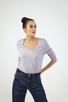 Esterella Damen T-Shirt mit V-Ausschnitt und langen Ärmeln Eisblau_E. Haze