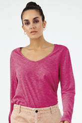 Esterella Damen T-Shirt mit V-Ausschnitt und langen Ärmeln Festival Fuchsia