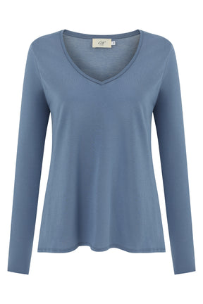 Esterella Damen T-Shirt V-Ausschnitt Langarm Land Blau