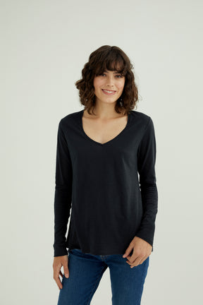 Esterella Damen T-Shirt mit V-Ausschnitt und langen Ärmeln Anthra