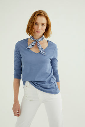 Esterella Damen T-Shirt V-Ausschnitt Langarm Land Blau