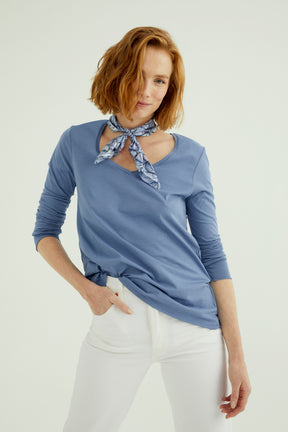Esterella Damen T-Shirt V-Ausschnitt Langarm Land Blau