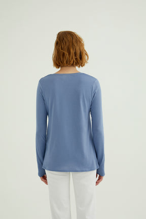 Esterella Damen T-Shirt V-Ausschnitt Langarm Land Blau