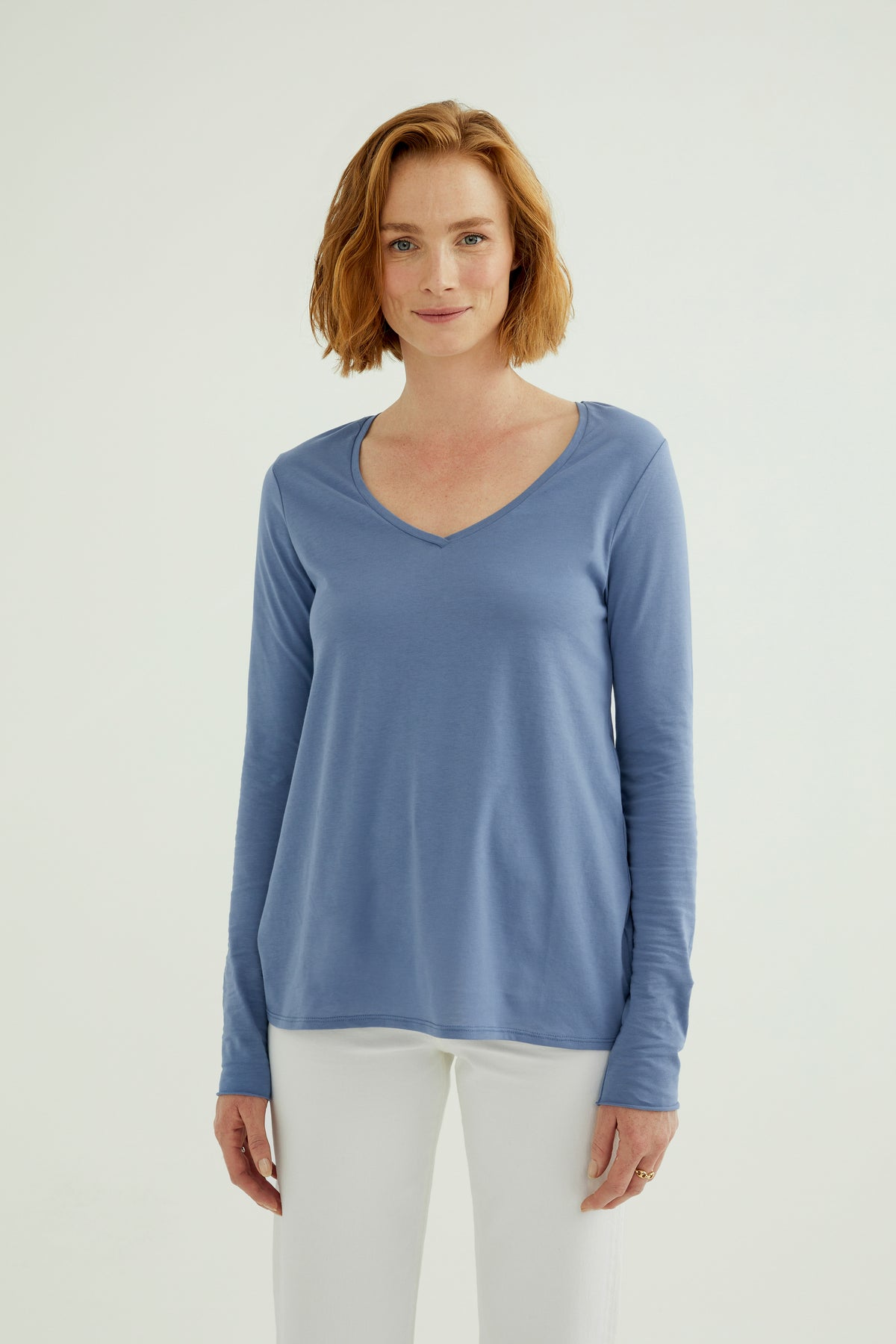 Esterella Damen T-Shirt V-Ausschnitt Langarm Land Blau