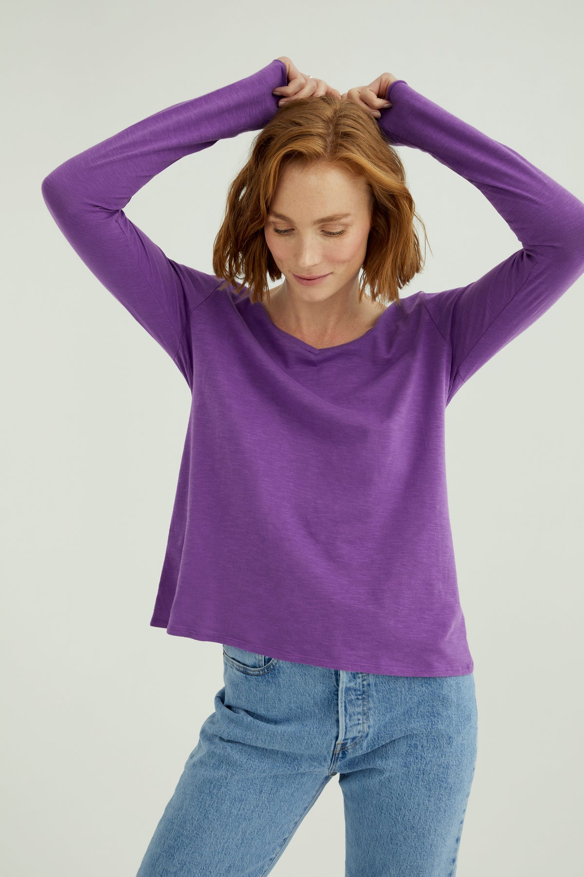 Esterella Damen T-Shirt mit V-Ausschnitt und langen Ärmeln in Lavendel