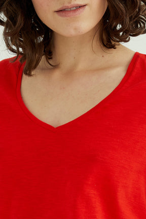 Esterella Damen T-Shirt mit V-Ausschnitt und langen Ärmeln in feurigem Rot