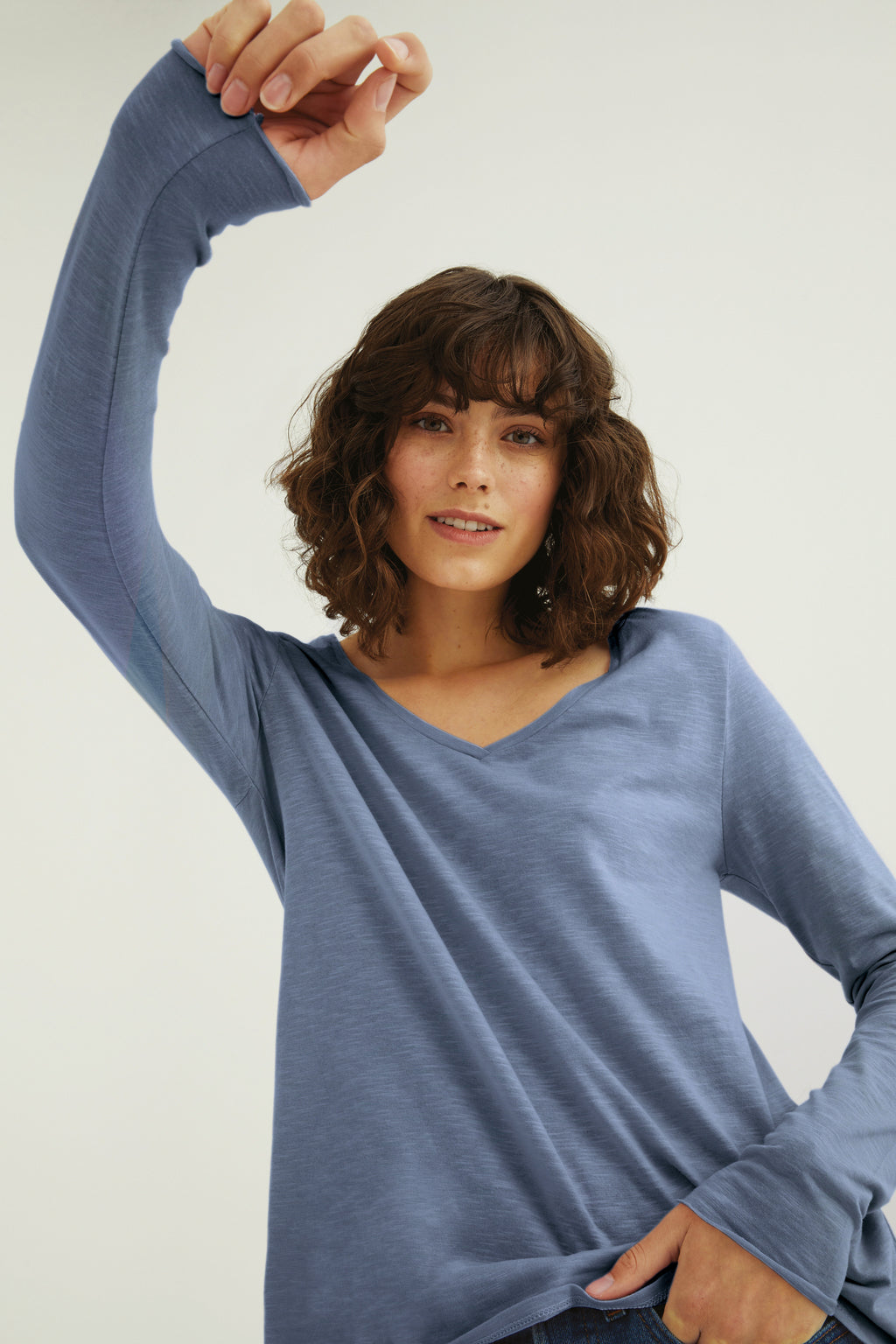 Esterella Women T-Shirt V-Neck Long Sleeve Country Blue