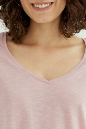 Esterella Damen T-Shirt mit V-Ausschnitt und langen Ärmeln Puderrosa