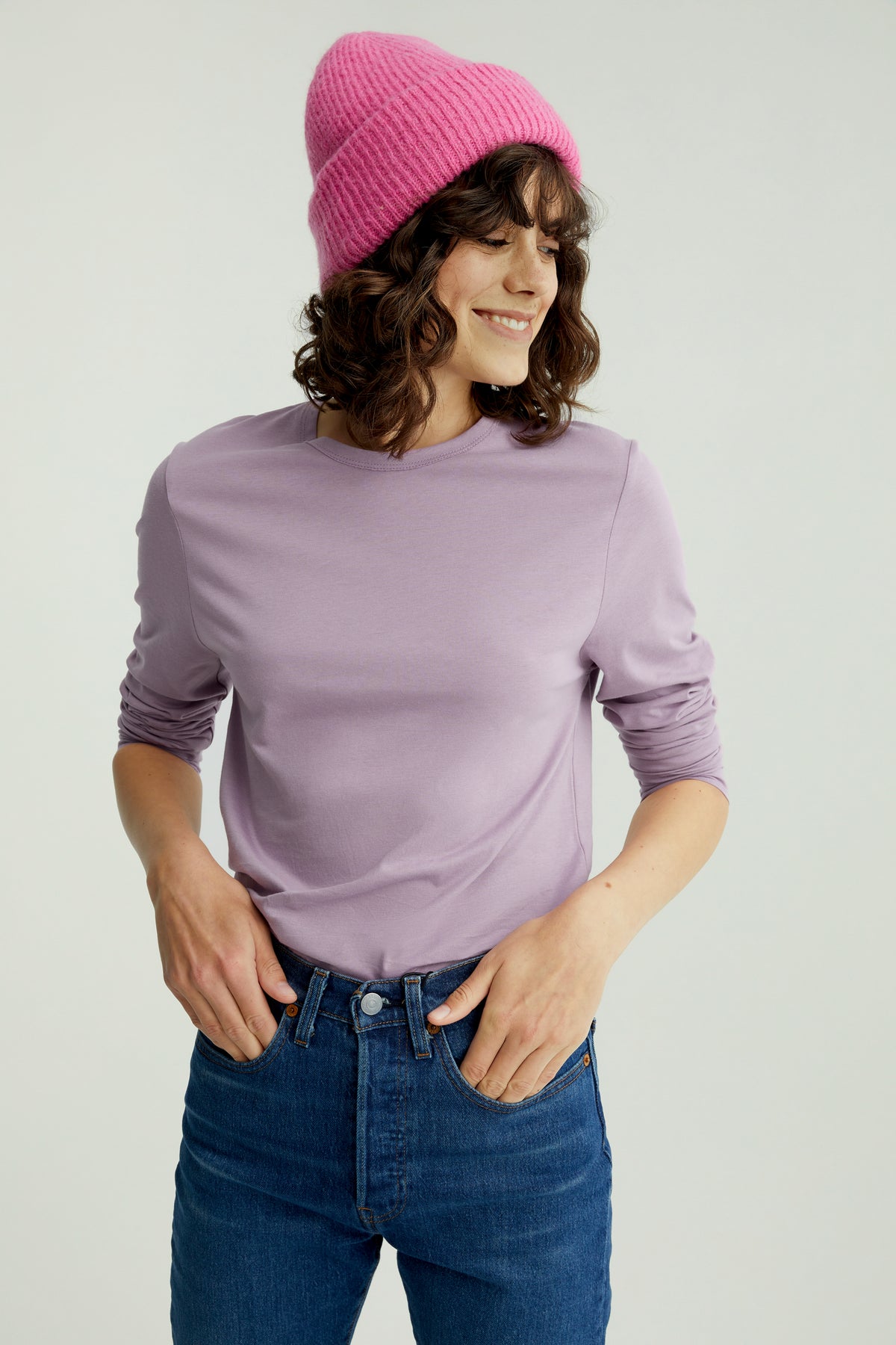 Mira Frauen T-Shirt Rundhalsausschnitt Langarm Lavendel Mist