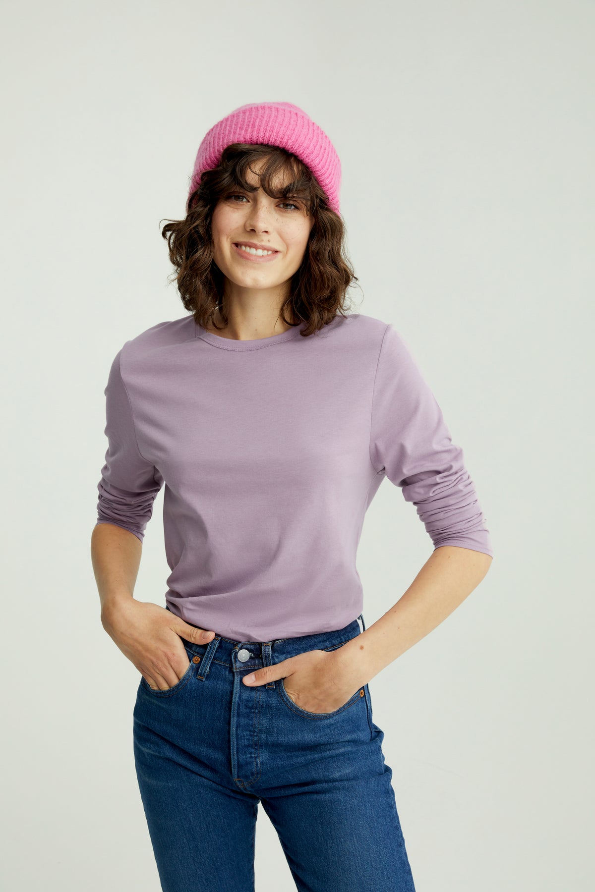Mira Frauen T-Shirt Rundhalsausschnitt Langarm Lavendel Mist