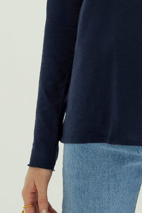 Miriam Damen T-Shirt Rundhalsausschnitt Langarm Dunkelblau