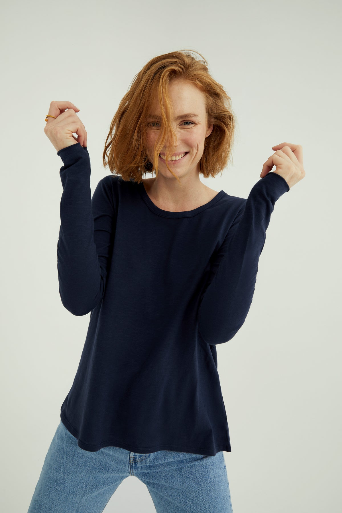 Miriam Damen T-Shirt Rundhalsausschnitt Langarm Dunkelblau