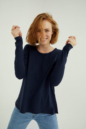 Miriam Damen T-Shirt Rundhalsausschnitt Langarm Dunkelblau