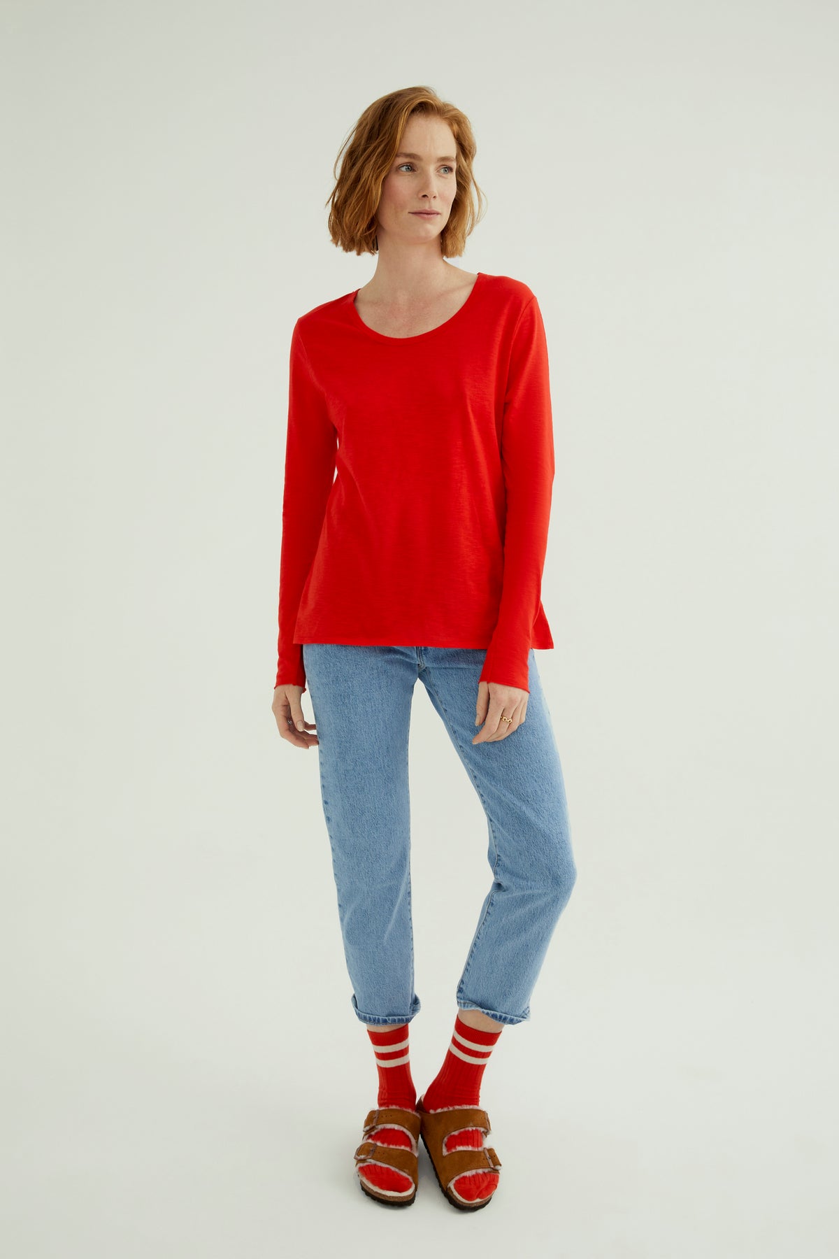 Miriam Damen T-Shirt Rundhalsausschnitt Langarm Feurig Rot