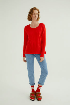 Miriam Women T-Shirt Round Neck Long Sleeve Fiery Red