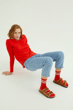 Miriam Women T-Shirt Round Neck Long Sleeve Fiery Red